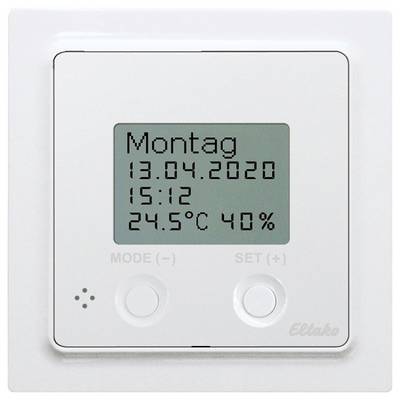 Digitální termostat ukazuje 'Pondělí, 13.04.2020', čas '15:12', teplotu '24,5°C' a vlhkost vzduchu '40%'.