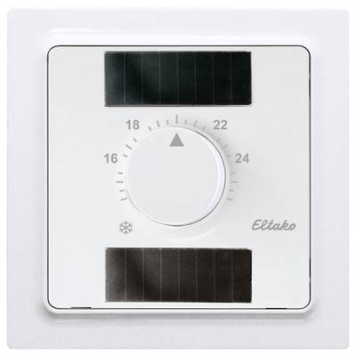 Bílý termostat od Eltaka s otočným knoflíkem, který zobrazuje teploty mezi 16 a 24 stupni Celsia, obklopený solárními panely.