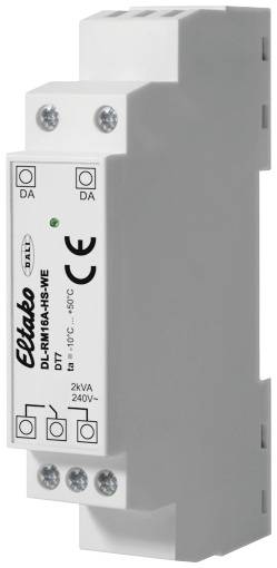 Šedý, obdélníkový reléový modul od firmy 'Eltako' s modelovým číslem 'DL-12V/16A-HS' a označením CE.