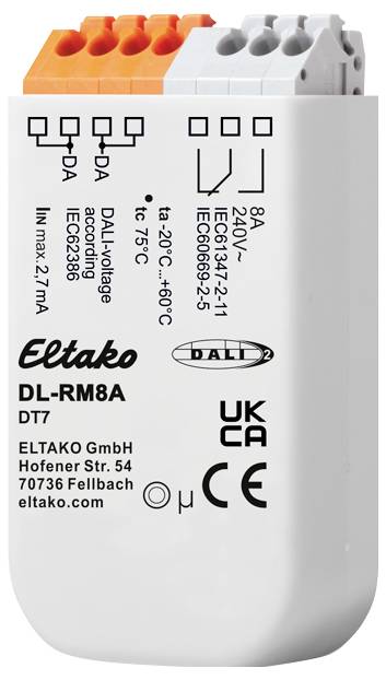 Bílá elektronická komponenta od Eltaka s kabelovými přípojkami nahoře, technickými specifikacemi a certifikačními logy na přední straně.