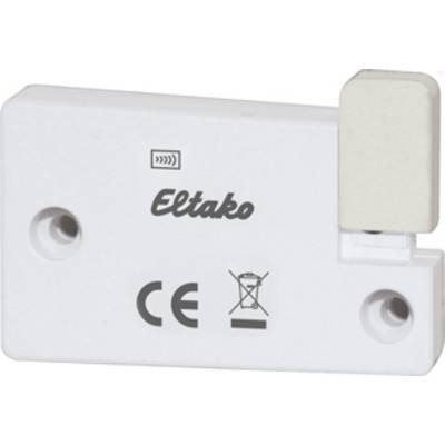 Bílé elektrické zařízení od Eltako s označením CE, dvěma montážními šrouby a obdélníkovým spínačem v pravém horním rohu.