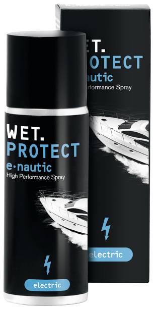 Sprej a obal produktové řady péče o lodě s názvem Wet Protect e-nautic, zdůrazňující vysoký výkon a elektrickou ochranu.