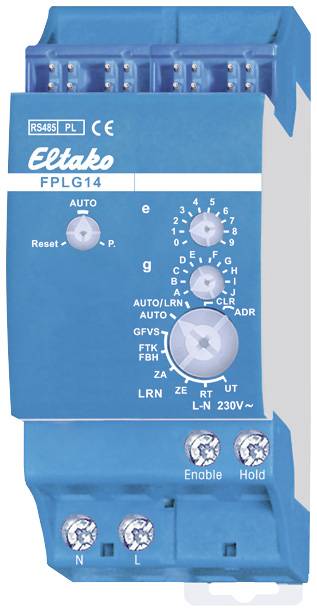 Modré elektrické řídicí zařízení s otočným knoflíkem a několika přípojkami. Popisy: 'Eltako FPLG14', '230V', 'Povolit', 'Podržet'.