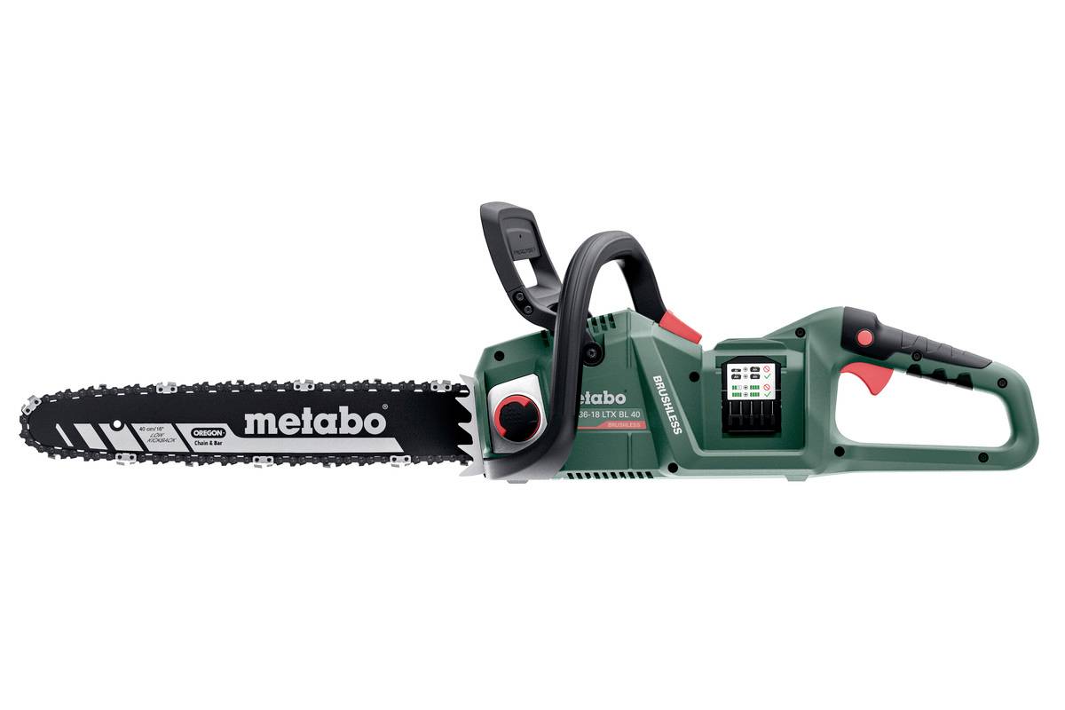 Zelená motorová pila značky Metabo, model CS 18 LTX BL 36, s černou rukojetí a stříbrným lištou.