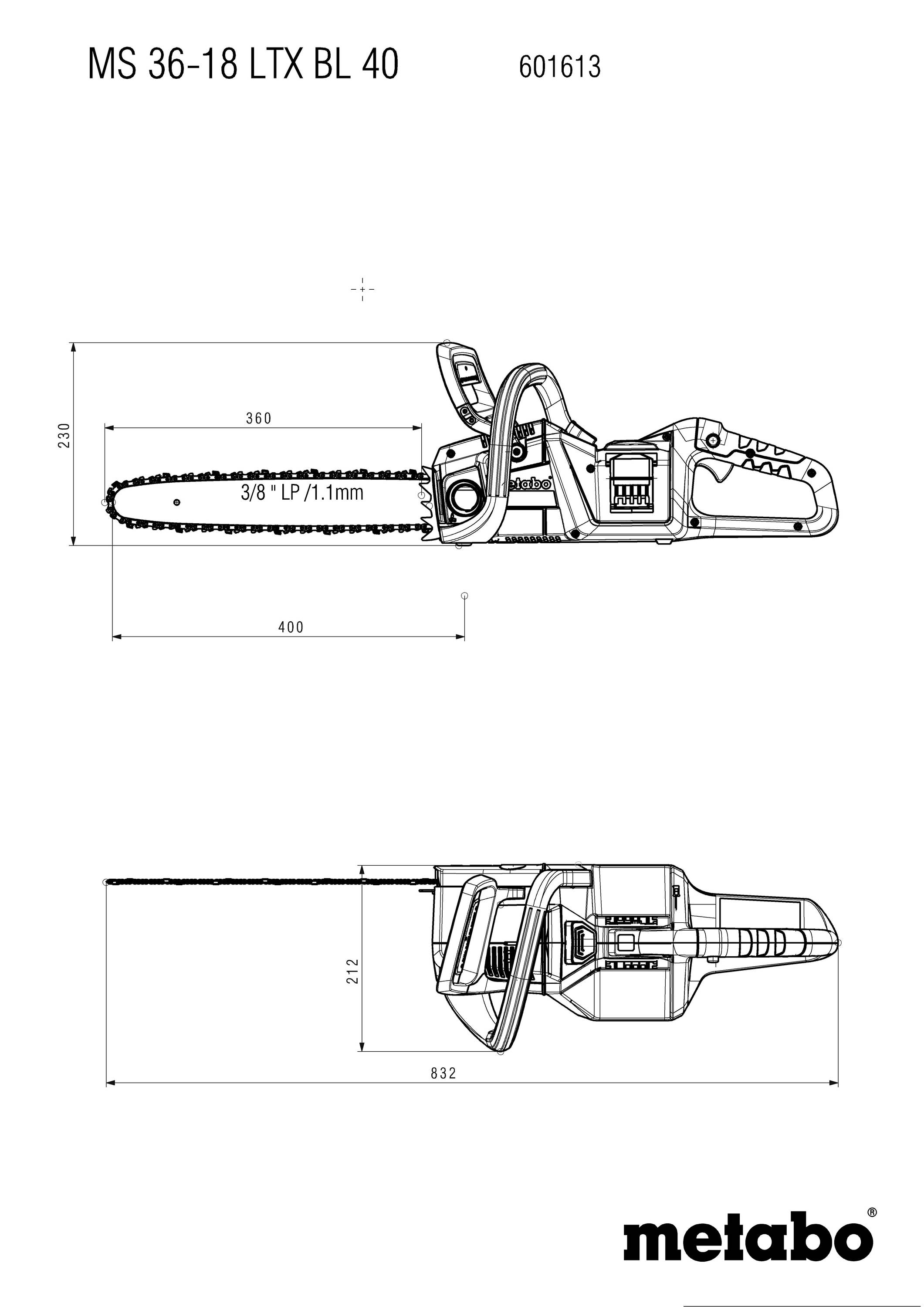 Technický výkres motorové pily Metabo. Nahoře boční pohled s rozměry, dole pohled shora. Model: MS 36-18 LTX BL 40.