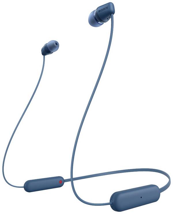 Sony WI-C100  Headset do uší (In Ear) Bluetooth® stereo modrá  headset, personalizace zvuku, regulace hlasitosti, nákrčník, odolné vůči potu, odolná vůči vodě