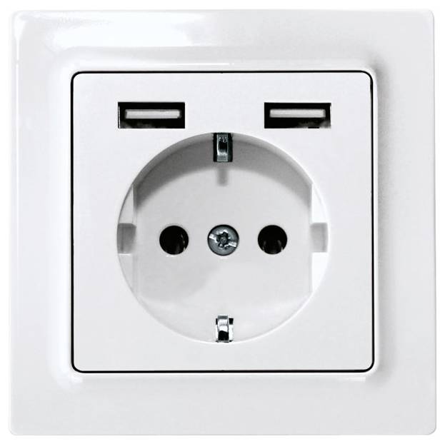 Bílá zásuvka se dvěma USB porty nad ní, namontovaná v bílém elektrickém krytu.