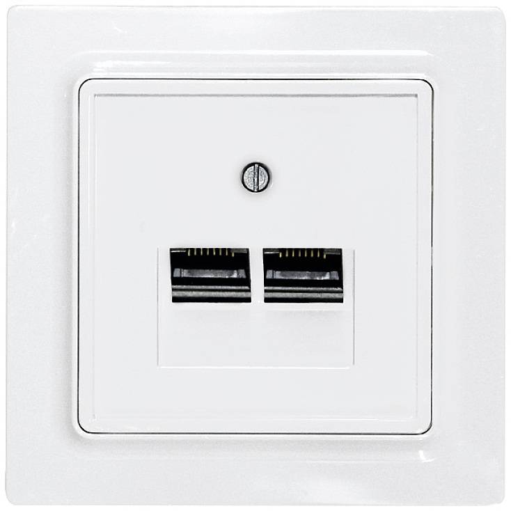 Bílá síťová zásuvka se dvěma porty RJ45, určená pro ethernetové připojení ve stěnách.