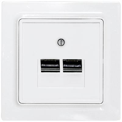Bílá síťová zásuvka se dvěma porty RJ45, určená pro ethernetové připojení ve stěnách.