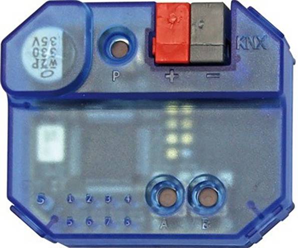 Modré elektrické zařízení se dvěma svorkami ('P', '+'), potenciometrem a označené štítkem 'KNX'.