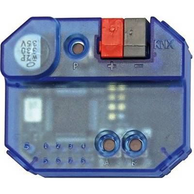 Modré elektrické zařízení se dvěma svorkami ('P', '+'), potenciometrem a označené štítkem 'KNX'.