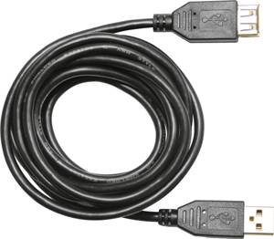 Černý USB kabel s oběma konci viditelný. Vlevo se nachází standardní USB zástrčka, vpravo USB port.