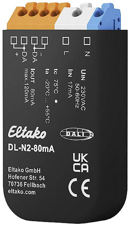 Černé elektronické zařízení od společnosti Eltako s technickými specifikacemi a připojovacími svorkami nahoře. Číslo modelu: DL-N2-80mA.