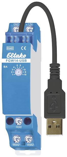 Modré zařízení Eltako FGW14-USB s USB kabelem pro připojení k systémům RS485, používané pro domácí automatizaci.