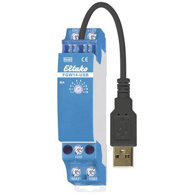 Modré zařízení Eltako FGW14-USB s USB kabelem pro připojení k systémům RS485, používané pro domácí automatizaci.