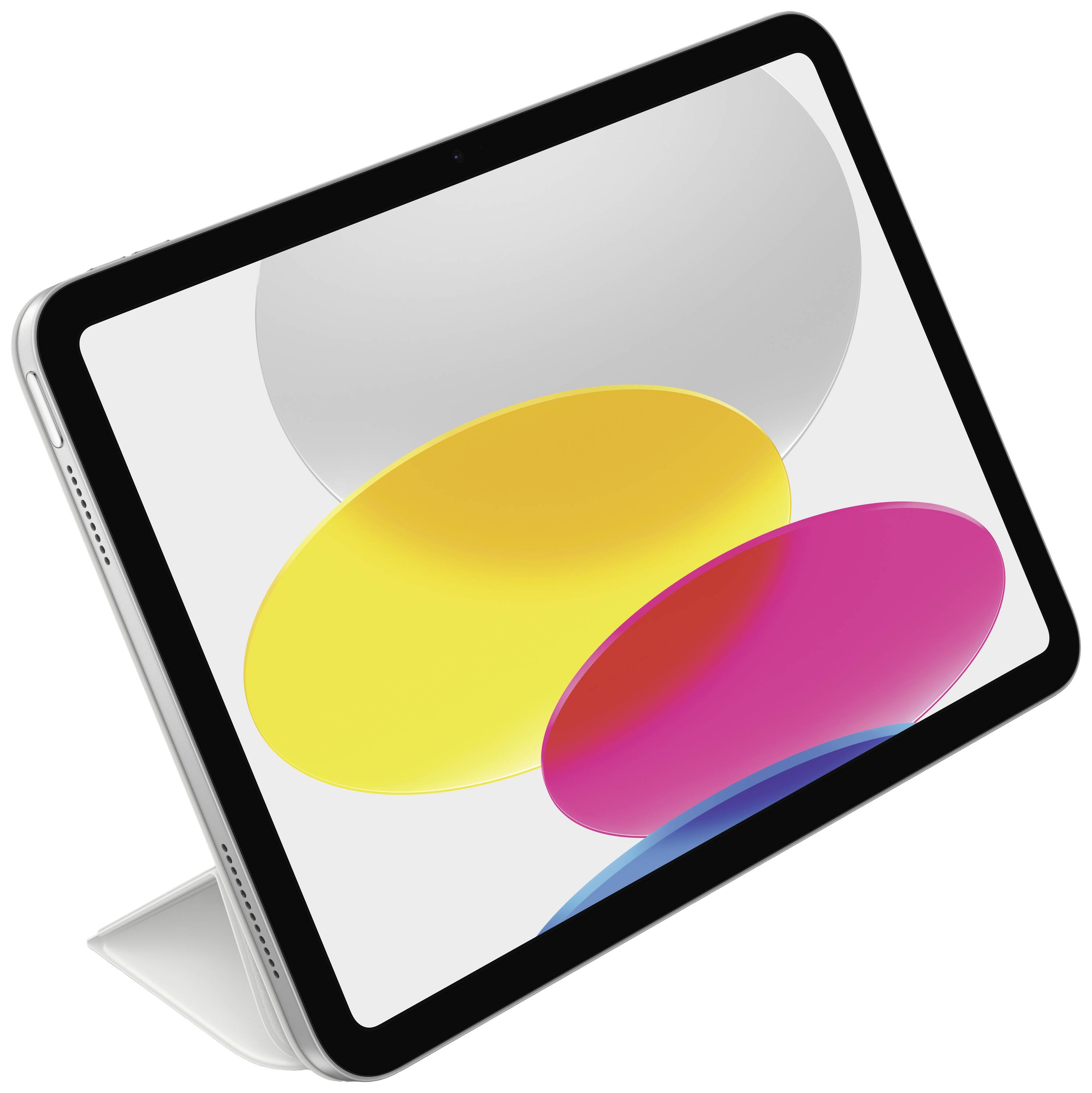 Tablet s hranatým designem a displejem zobrazujícím kulaté barevné tvary.