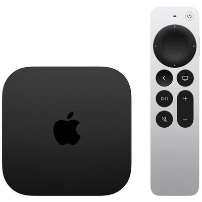 Černá set-top box s logem jablka a stříbrným dálkovým ovladačem s touchpadem a tlačítky pro hlasitost, menu a přehrávání.