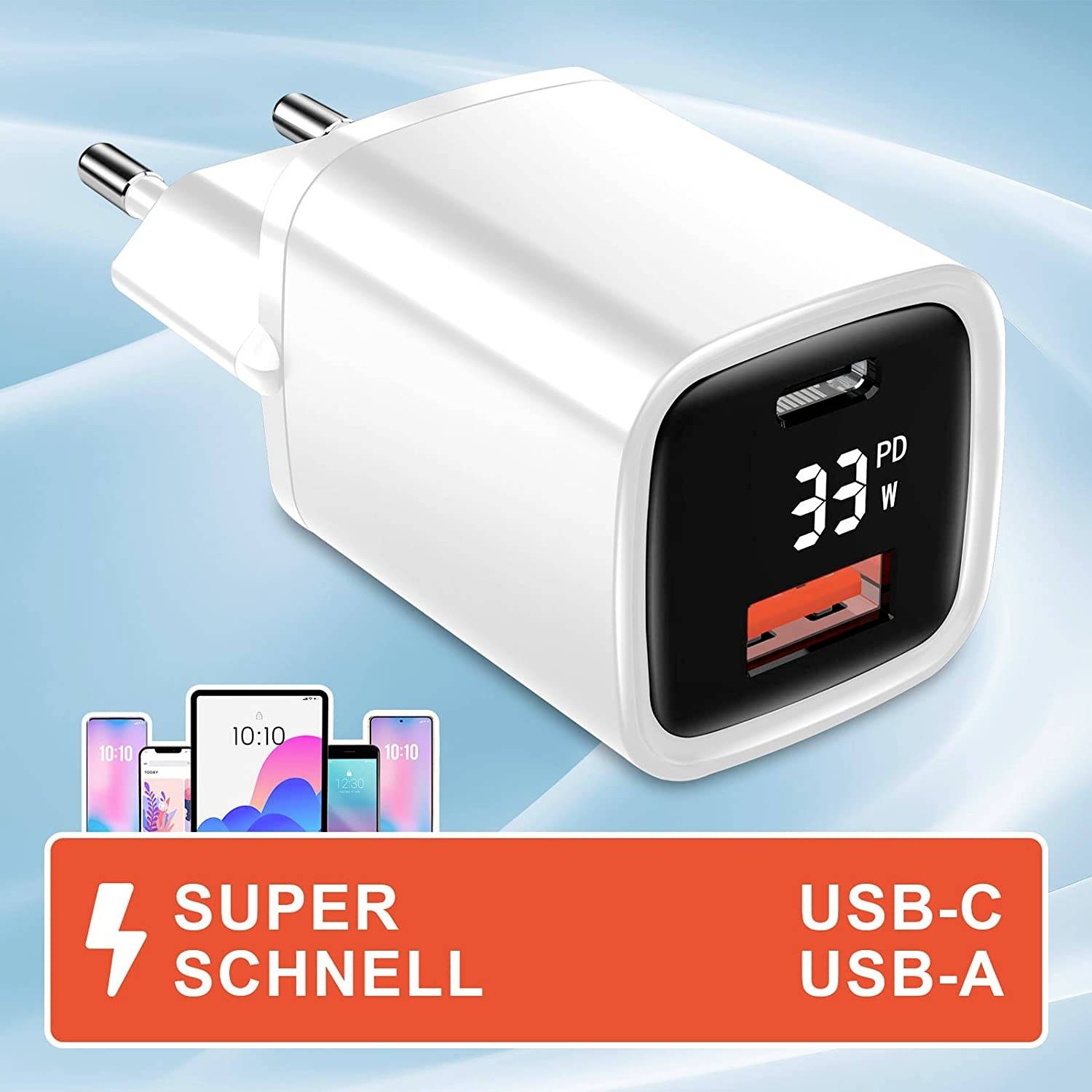 USB napájecí adaptér s USB-C a USB-A porty, zobrazuje '33 PD'. Nápis 'Super rychlé'. Na obrázku nabíječky pro smartphony.