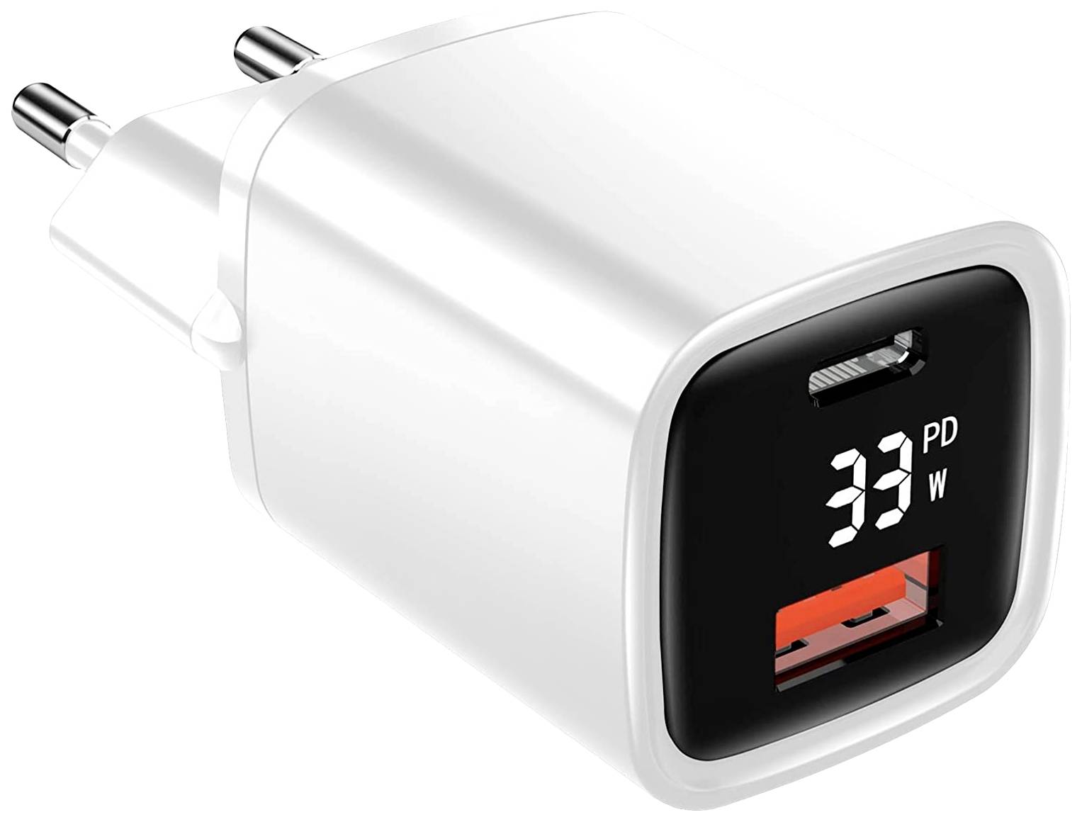 Bílá USB nabíječka se dvěma zástrčkovými kolíky zobrazuje '33 PD W' na malém displeji. Obsahuje USB-A port.