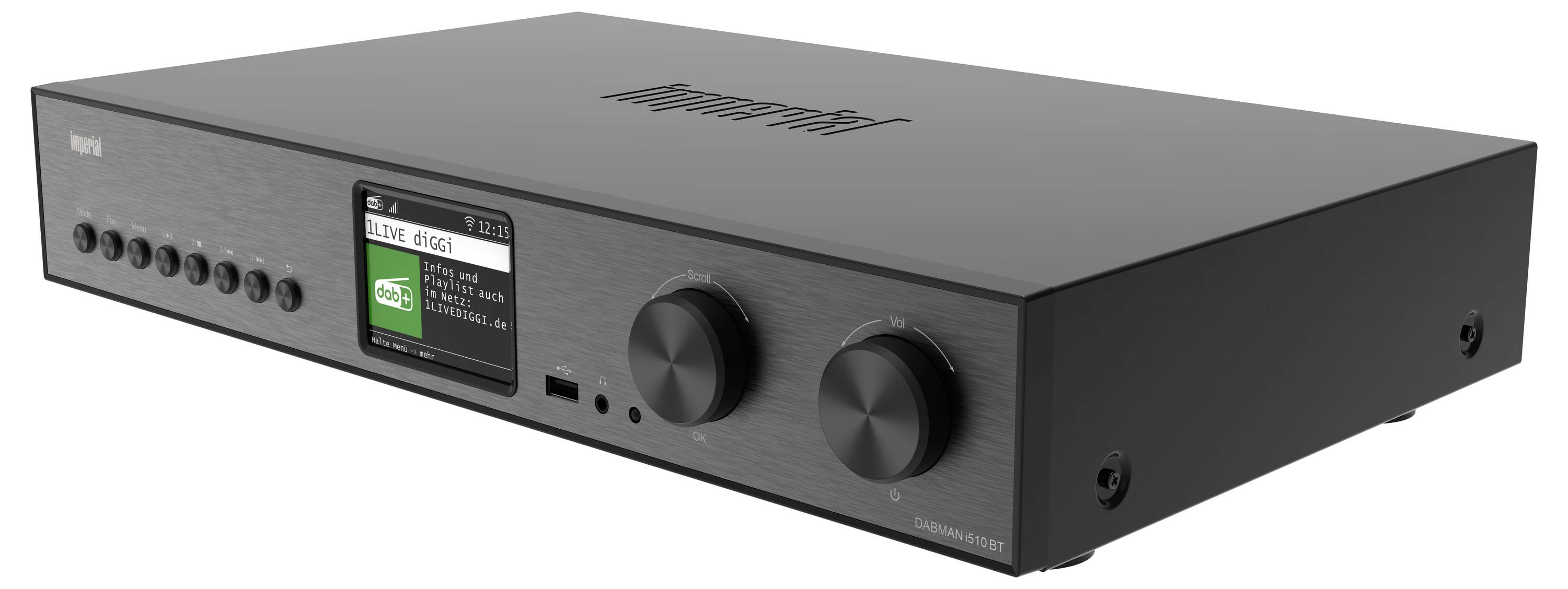 Černý stereofonní audiopojítač s přední obrazovkou, vstupními tlačítky, portem USB a dvěma velkými ovládacími knoflíky.