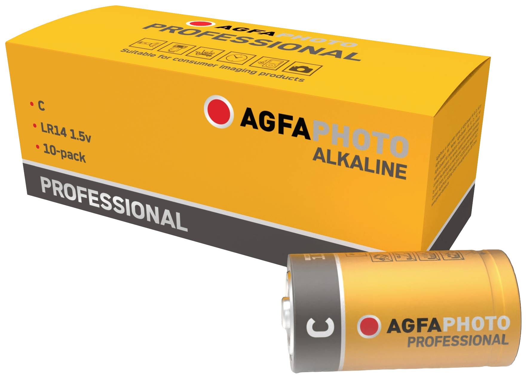 Žlutý obal baterií 'AGFAPHOTO ALKALINE', velikost C, LR14 1,5V, balení po 10 kusech. Jedna baterie je zvýrazněna.