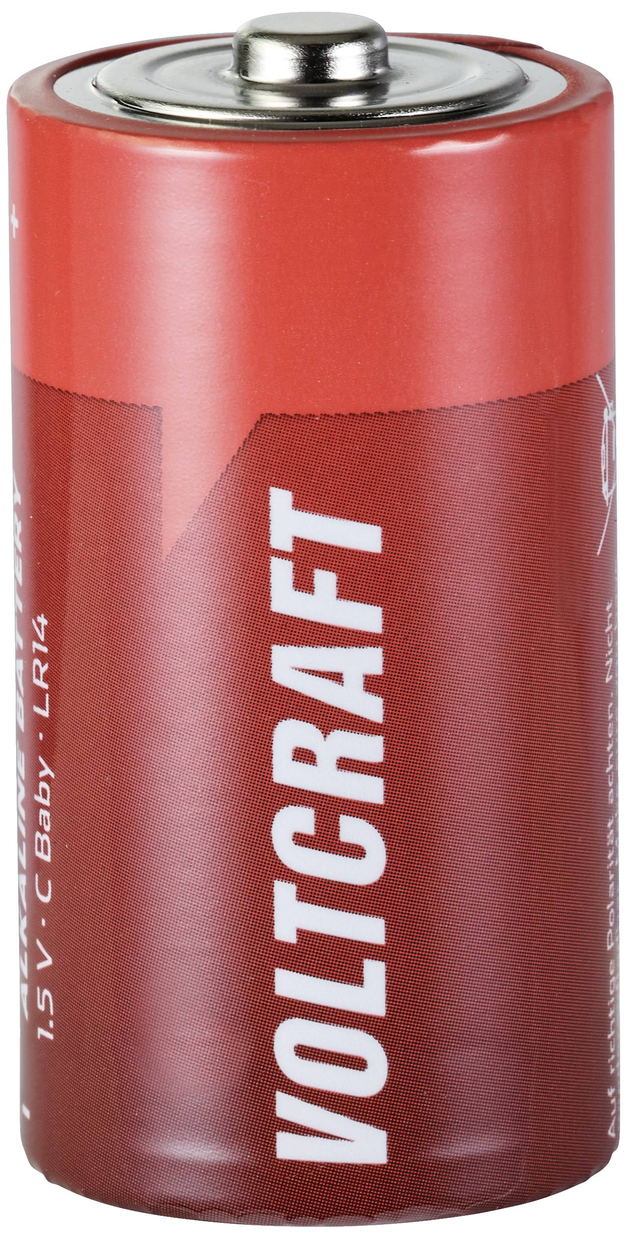 Červená baterie s nápisem 'VOLTCRAFT', typ 1,5V C Baby LR14, zobrazující pohled shora a boční pohled.