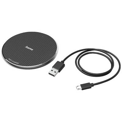 Bezdrátová nabíječka od Hama s USB kabelem. Černá, kulatá nabíjecí plocha se strukturovaným povrchem a micro-USB konektorem.