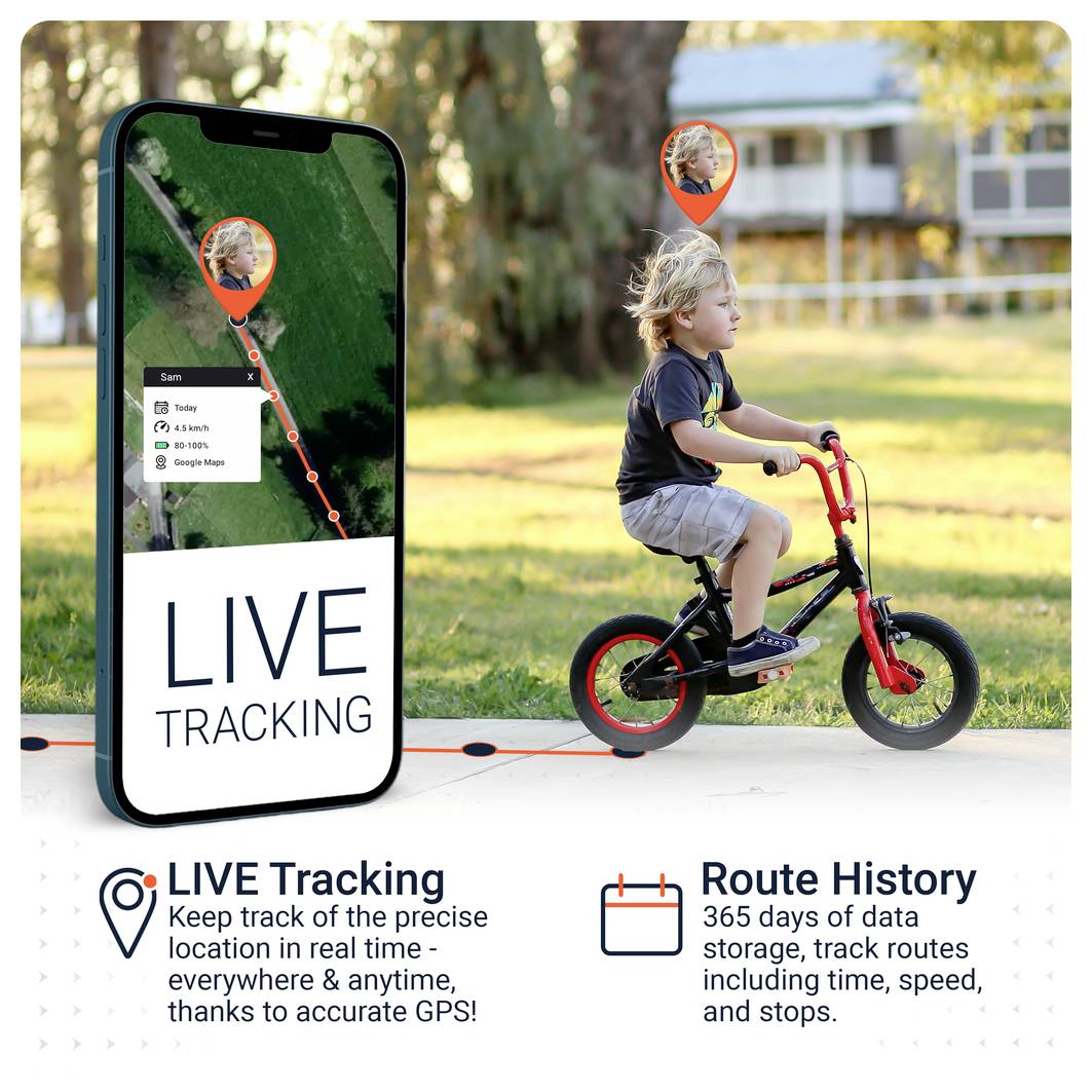 Reklama na aplikaci 'LIVE Ortung': Smartphone zobrazuje sledování polohy dítěte na kole; text uvádí 365 dní úložiště, trasy, čas, rychlost a pauzy.