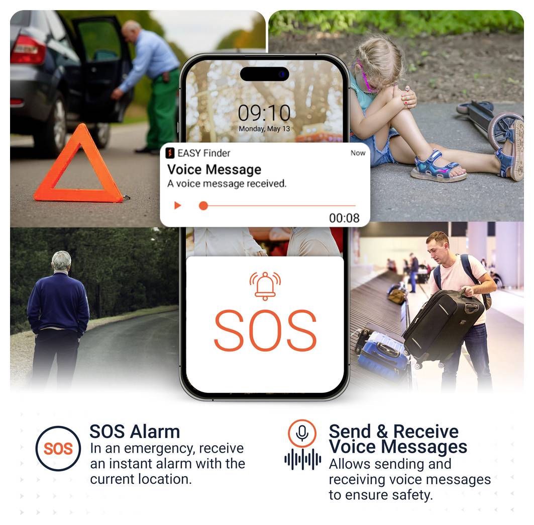 Reklamní grafika pro nouzovou aplikaci: Smartphone s SOS-alarmem a hlasovou zprávou, obklopený scénami s poruchou, dítětem, osamělou osobou a cestujícím; text vysvětluje upozornění na polohu a hlasové zprávy.