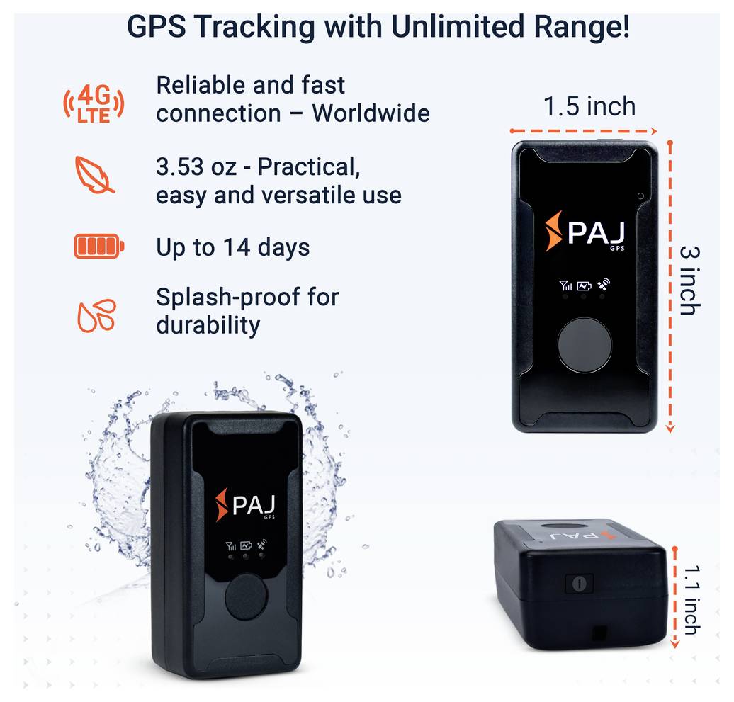 Reklamní grafika pro GPS tracker PAJ s vlastnostmi 4G/LTE, celosvětové připojení, 100 g, až 14 dní výdrž baterie a spritzwassergeschützt; zobrazuje zařízení z několika pohledů s rozměry 39 × 78 × 29 mm.