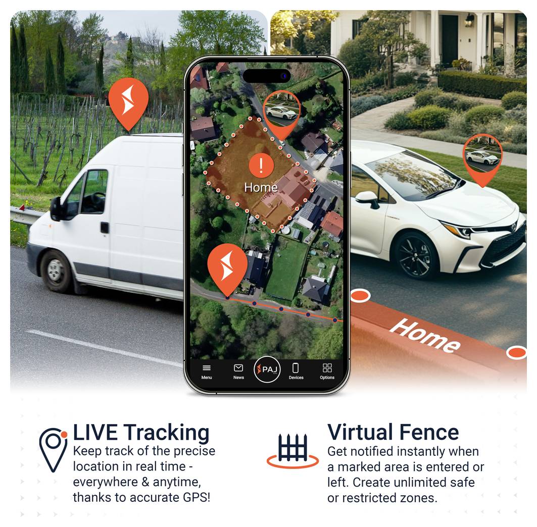 Aplikace pro sledování v reálném čase: Smartphone zobrazuje polohu vozidla na mapě s vyznačeným domovem a bezpečnostními zónami; upozornění při vstupu nebo opuštění oblasti.