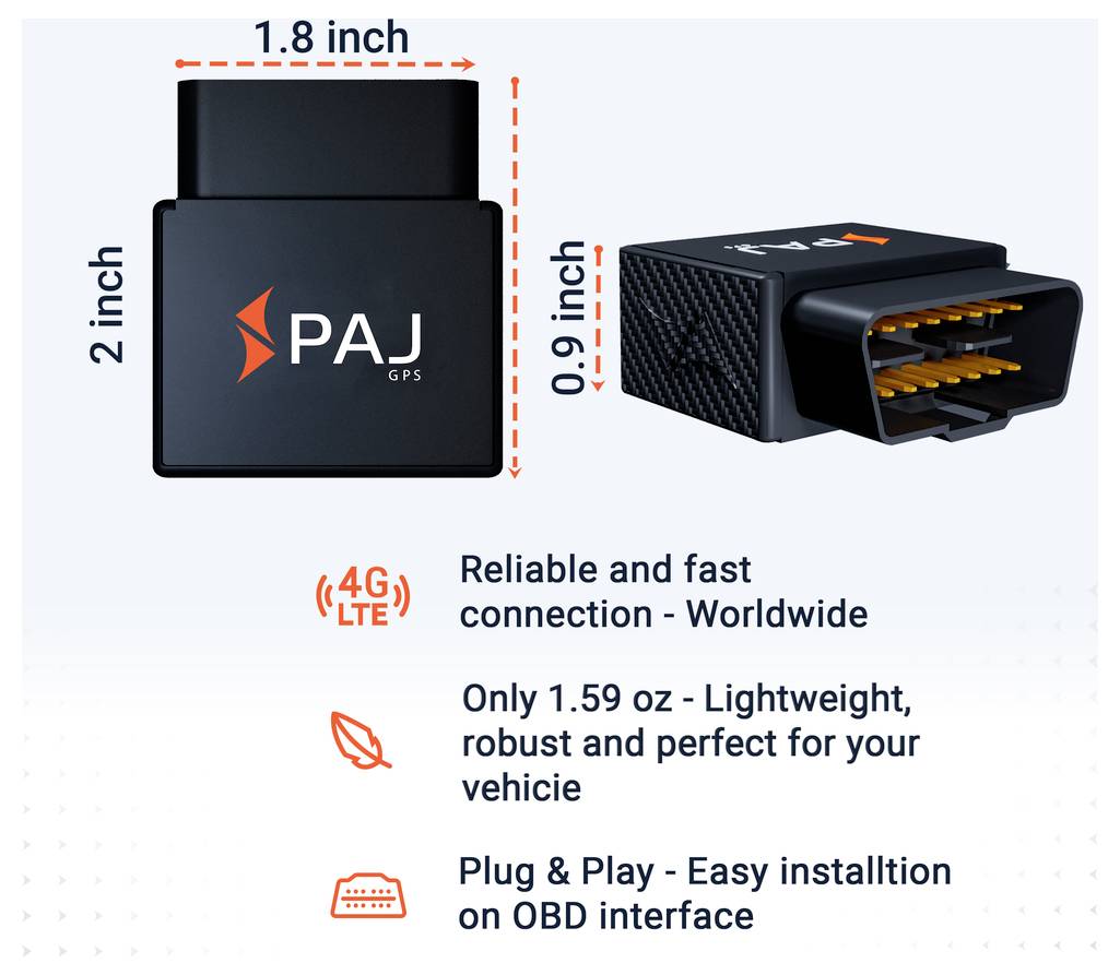 Produktgrafika GPS-OBD-trackeru PAJ s rozměry 47 x 52 x 23 mm; propaguje 4G/LTE, 45 g, Plug & Play a jednoduchou instalaci OBD.