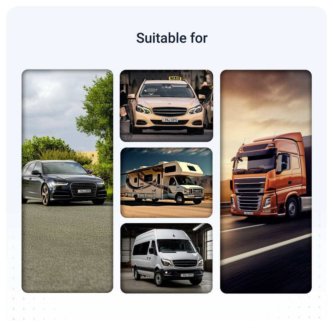 Srovnávací grafika PAJ trackery: CAR OBD Finder 2.0 G, USB GPS Finder 4G a Vehicle Finder 4G 1.0 s velikostmi, konektory, vodotěsností, hmotností a alarmovacími funkcemi.