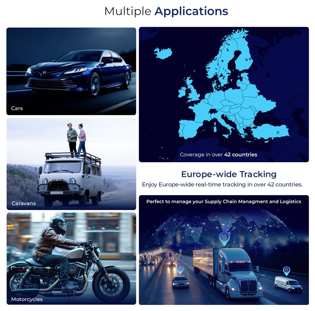Produktový obrázek Salind GPS trackeru s balením a aplikací pro chytrý telefon: lokalizace automobilu na mapě.