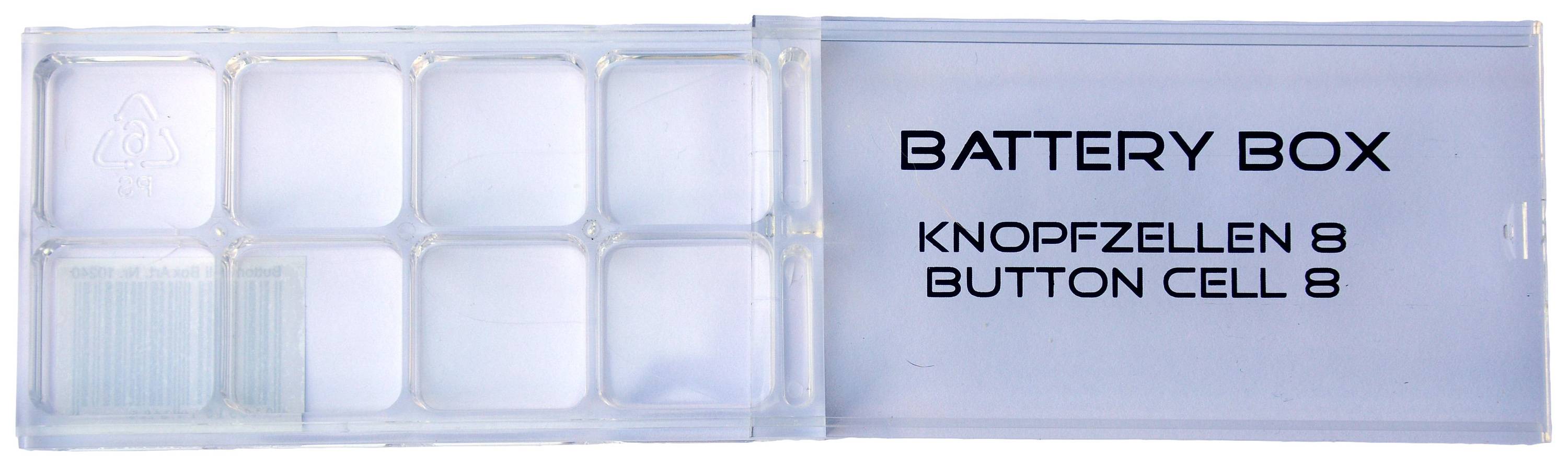 Otevřená průhledná plastová krabička s nápisem 'BATTERY BOX - KNOPFZELLEN 8 - BUTTON CELL 8'. Obsahuje přihrádky pro osm knoflíkových baterií.