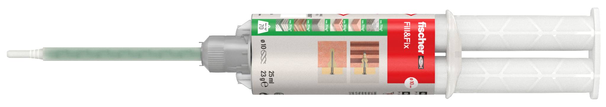 Dvoukomorová stříkačka se dvěma písty, štítek s nápisem 'fischer Fill & Fix'. Vhodná pro plnění a upevňování materiálů.