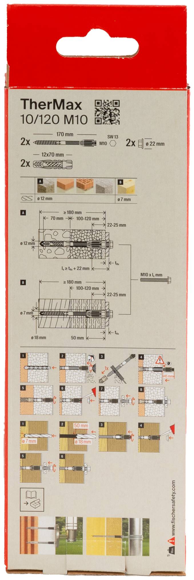 Balení upevňovacího řešení TherMax 10/120 M10. Zobrazuje instalační diagramy a bezpečnostní pokyny.