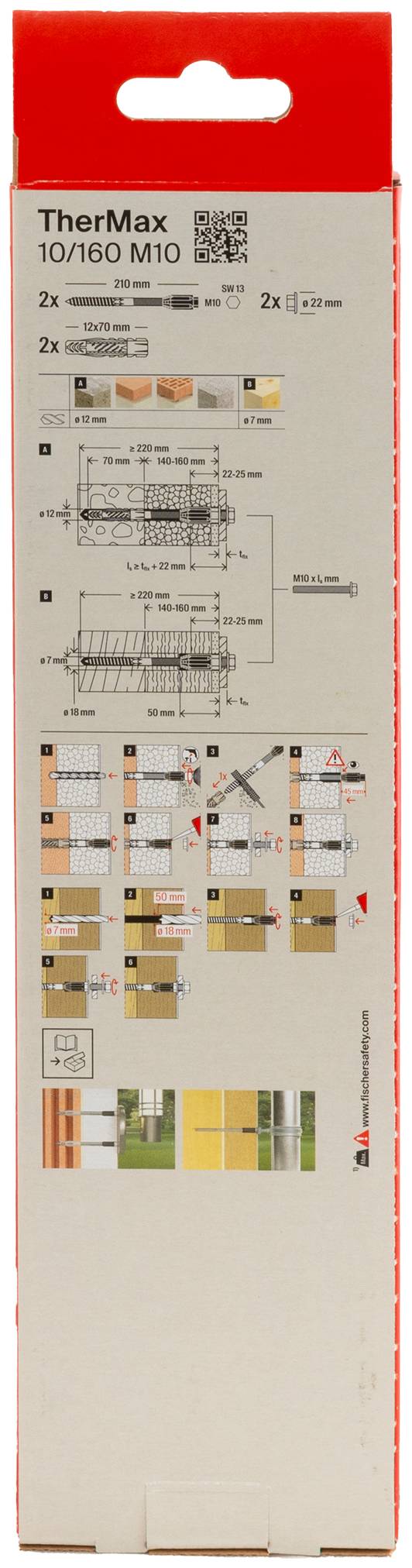 Přední strana obalu produktu TherMax 10/160 M10. Nahoře QR kód a text. Dole ilustrace montážního návodu.