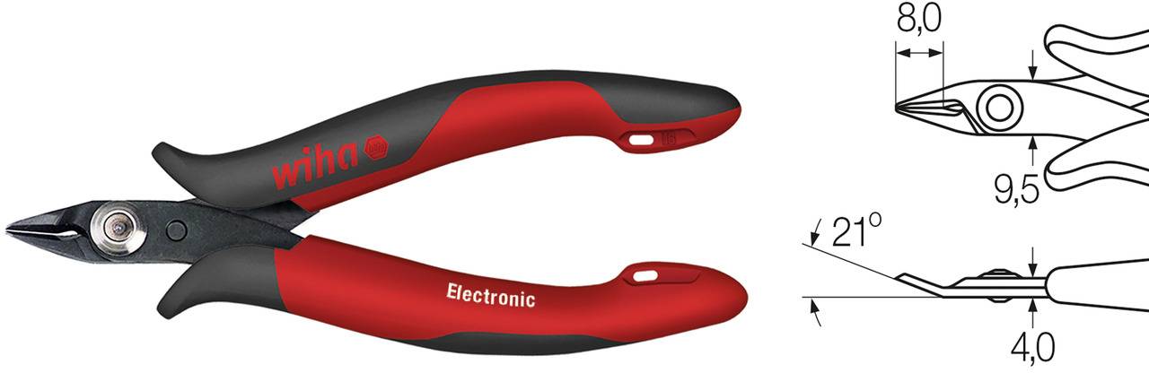 'Boční štípací kleště Wiha' s červeným a černým držadlem. Vpravo jsou technické výkresy s rozměry 8,0 mm a 9,5 mm.