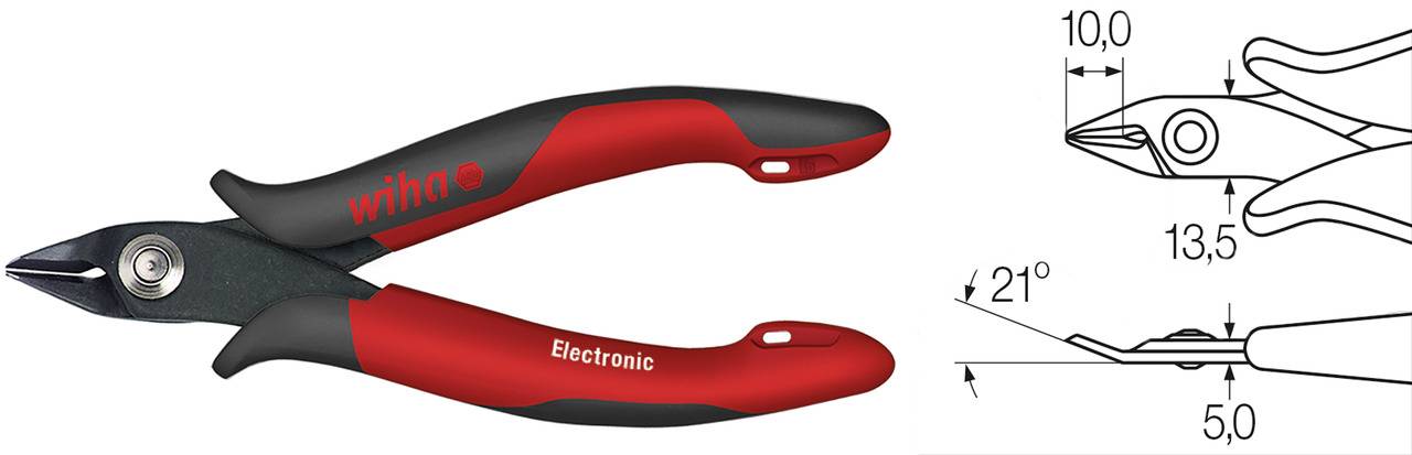 Kleště s červenými rukojeti a černou hlavou značky 'Wiha' vedle technického výkresu s rozměry: 10,0 mm, 13,5 mm a sklonem 21°.