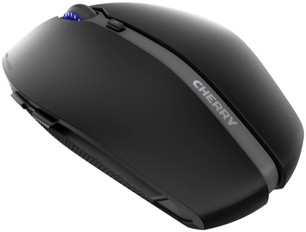 Černá bezdrátová počítačová myš s podsvíceným kolečkem a ergonomickým postranním úchytem, vhodná pro pohodlnou práci na PC.