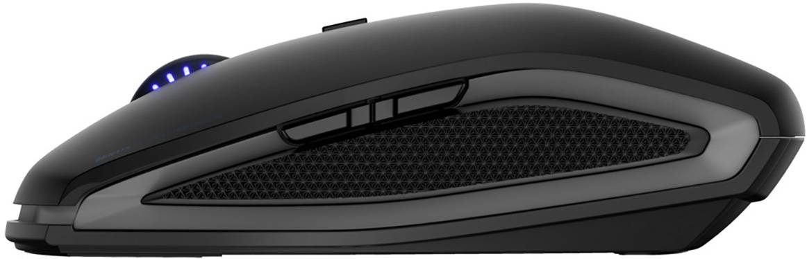 Černá ergonomická počítačová myš s bočními tlačítky a podsvíceným kolečkem pohledem z boku.
