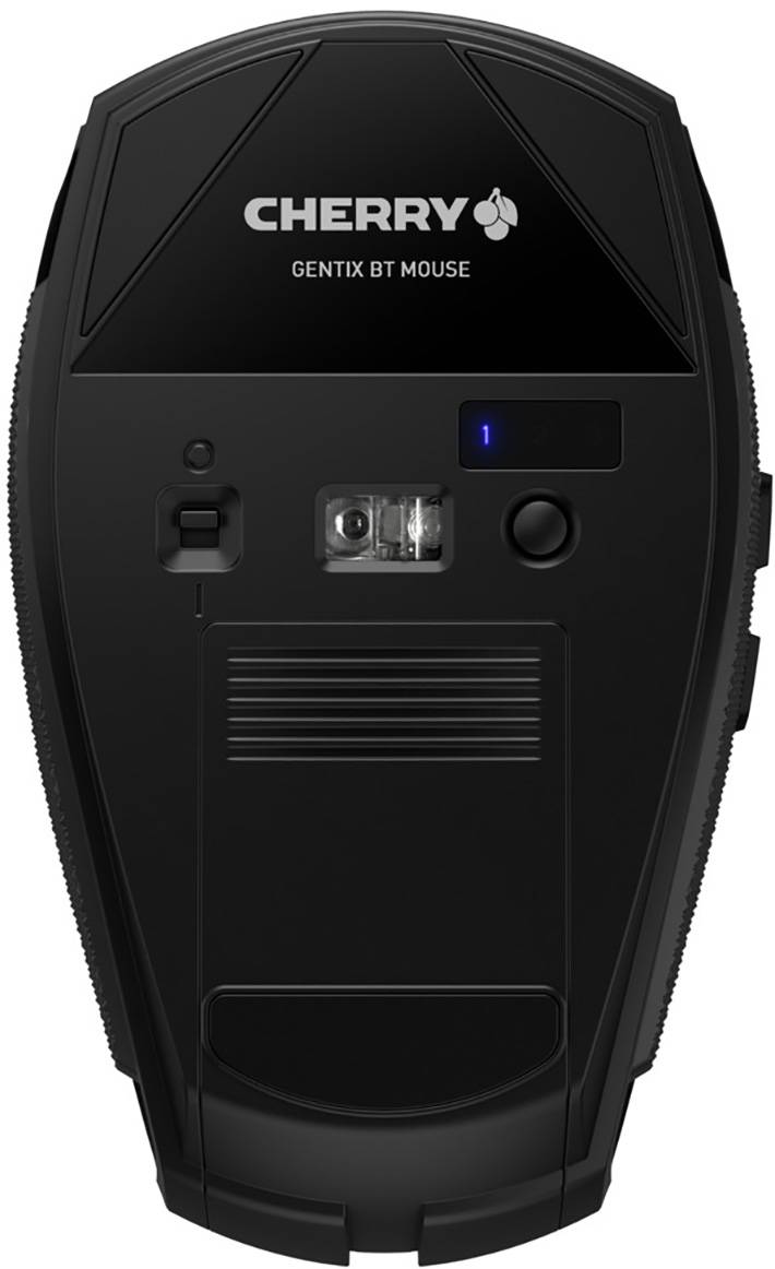 Černá bezdrátová myš s potiskem 'CHERRY' a 'GENTIX BT MOUSE', viditelný světelný zdroj, indikátor Bluetooth a kryt baterie.