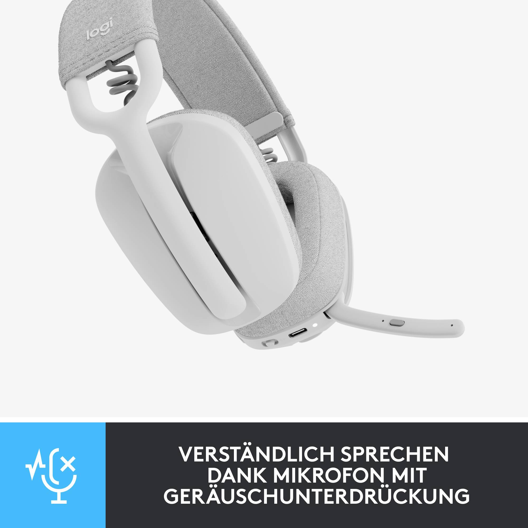 Světlé headset, boční pohled. Modré banner dole s symbolem a textem: 'Mluvte srozumitelně díky mikrofonu s potlačením hluku'.