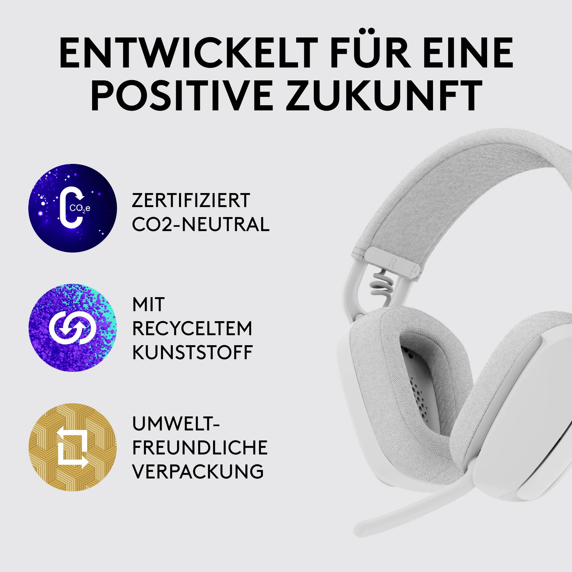 Moderní headset s textem 'Vyvinuto pro pozitivní budoucnost'. Symboly zobrazují certifikáty CO2 neutrality a recyklace.