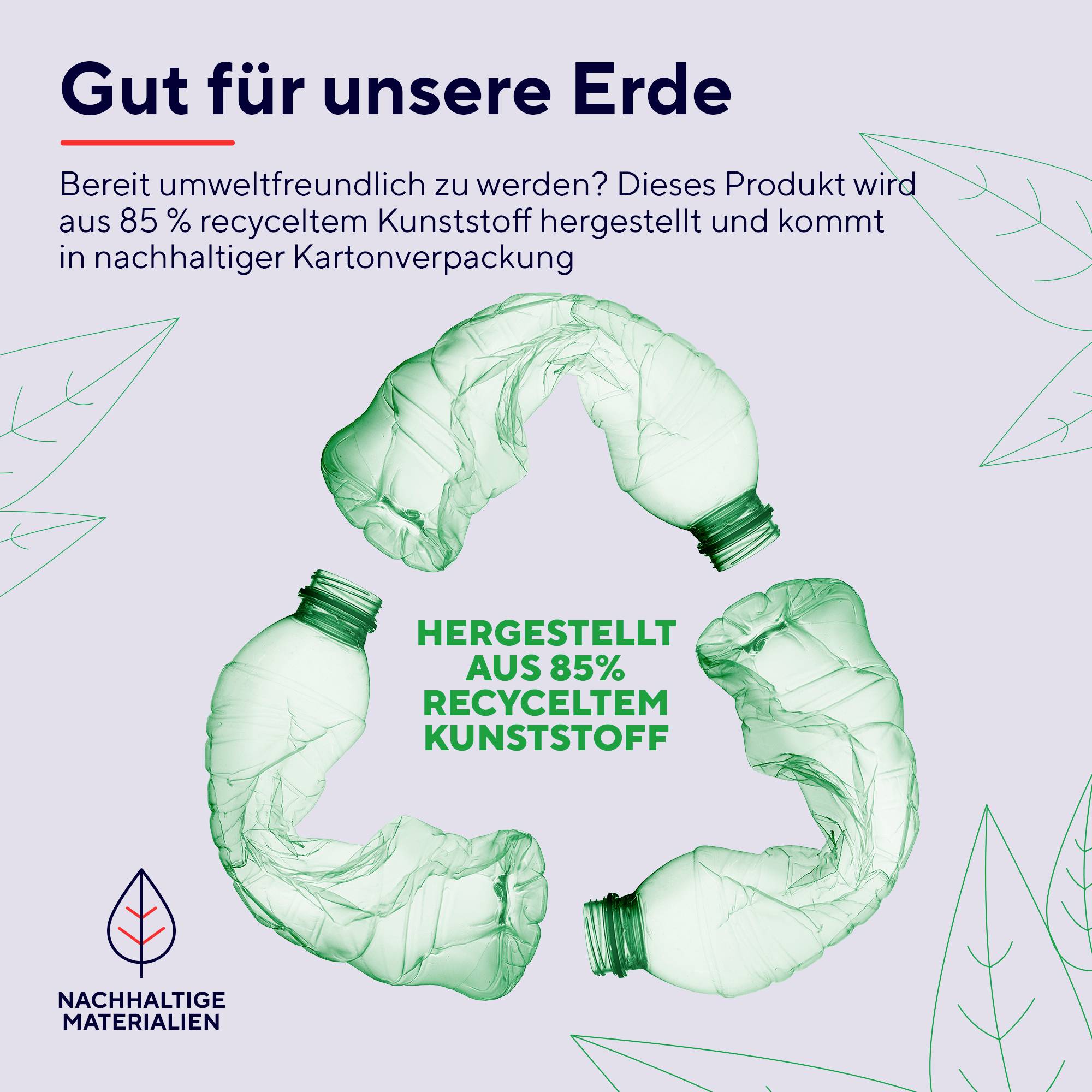 Kruh z recyklovaných plastových lahví. Text: "Vyrobeno z 85% recyklovaného plastu". Udržitelné materiály.
