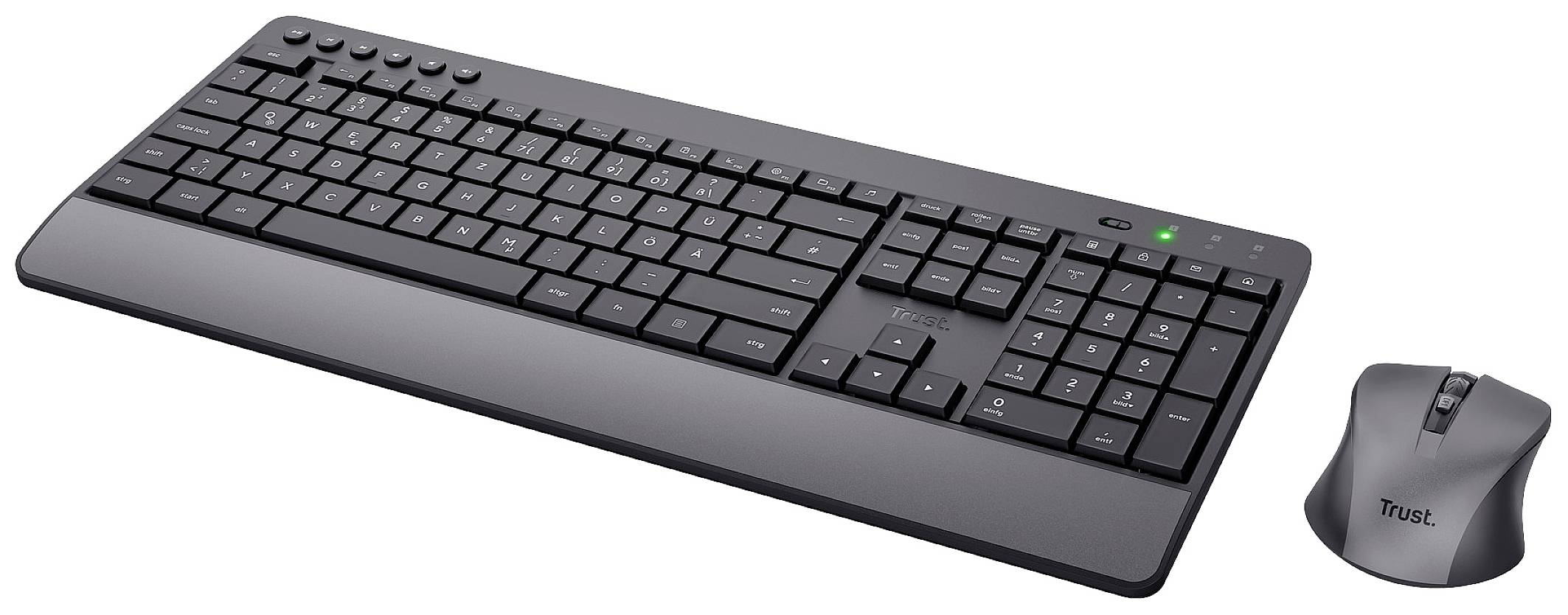 Bezdrátová černá klávesnice s numerickou klávesnicí a myší. Klávesnice má funkční klávesy nahoře. Myš s ergonomickým designem vpravo.