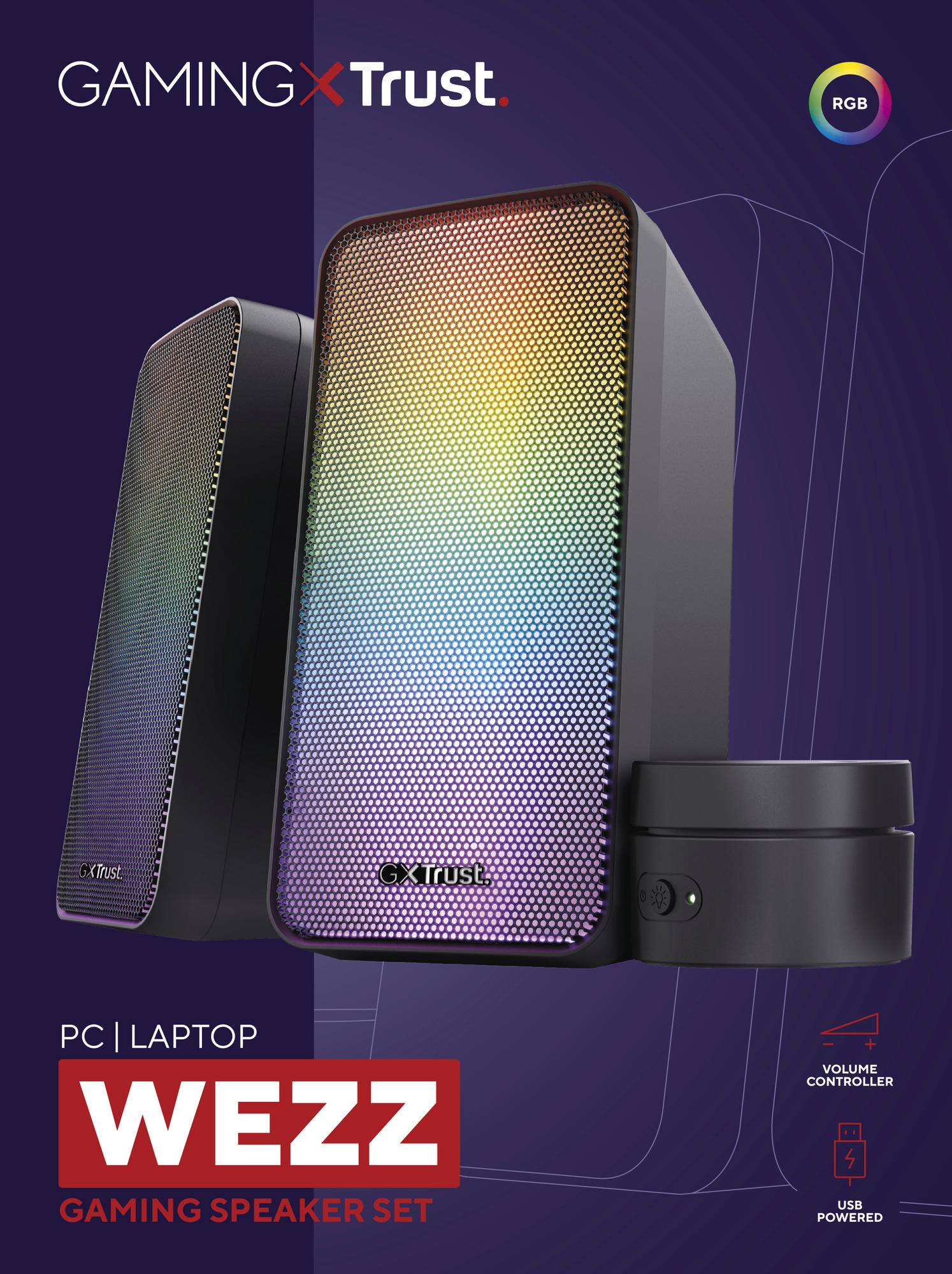 Dva herní reproduktory, model 'WEZZ' od Gaming Trust, s RGB podsvícením. Vhodné pro PC nebo notebook. Obsahuje ovladač hlasitosti.