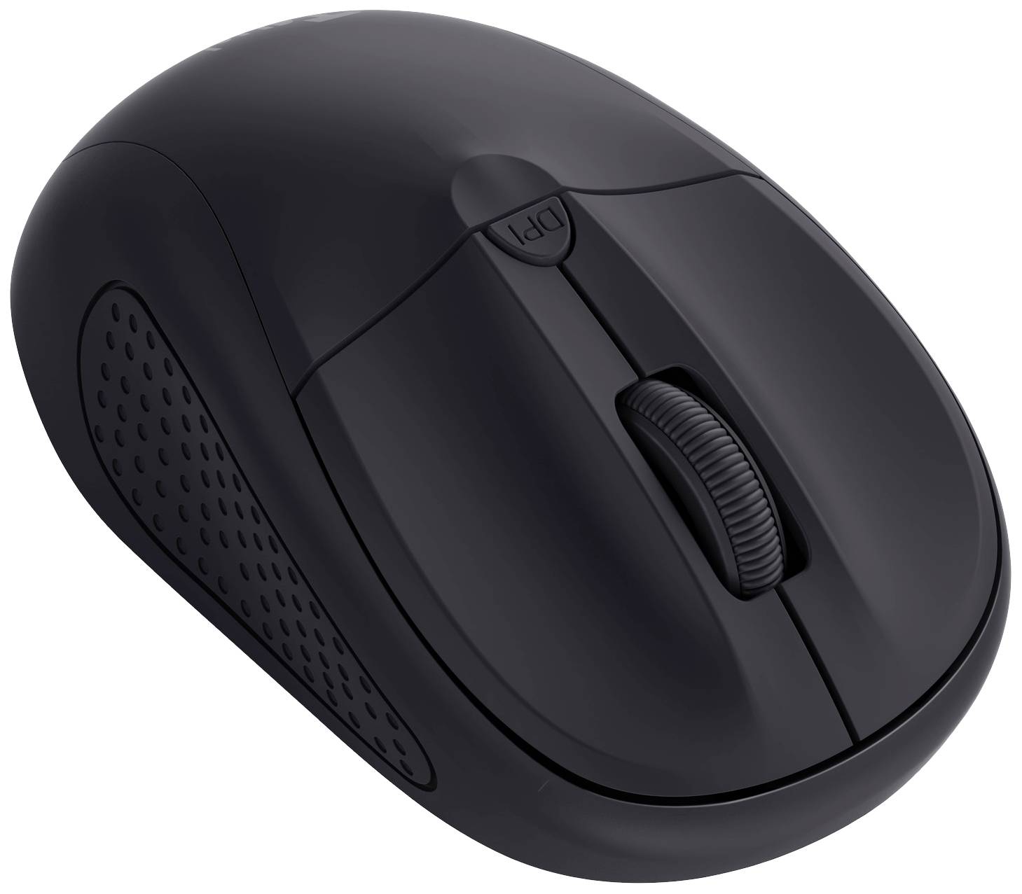 Černá bezdrátová počítačová myš s ergonomickým designem a tlačítkem DPI vedle kolečka pro posouvání. Vhodná pro přesnou navigaci.