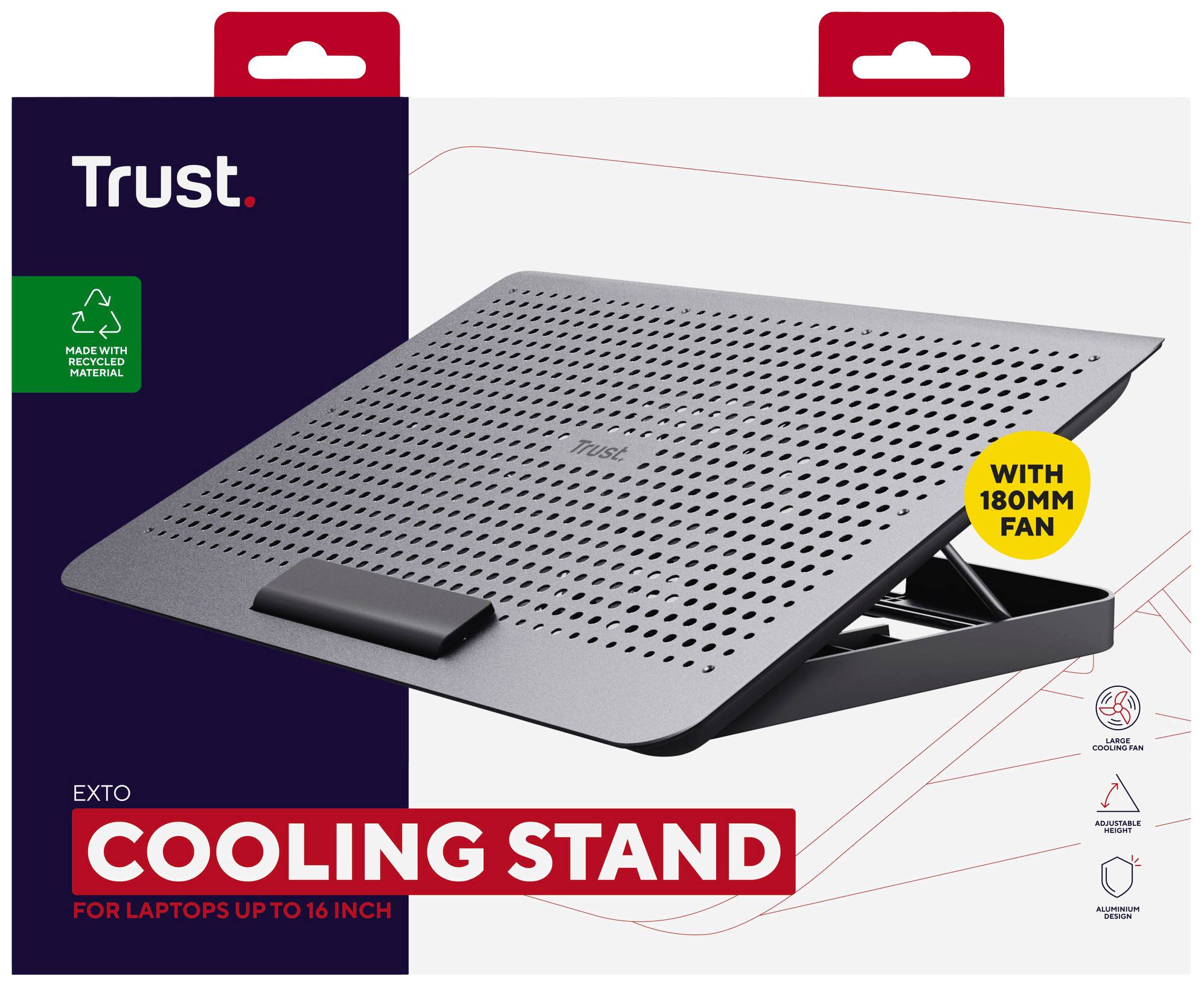 Chladicí stojan na notebook značky Trust, vhodný pro notebooky až do 16 palců, s 180mm ventilátorem, nastavitelný a vyrobený z recyklovaného materiálu.